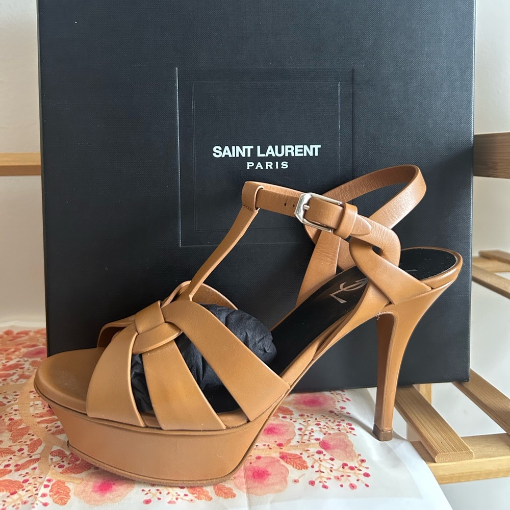 Saint Laurent Tribute Tan Leather Women's Sandals